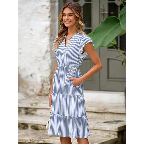 Floral Tiered Midi Sundress Casual V Neck Flutter Sleeve Striped Pockets - Picture 3 of 6